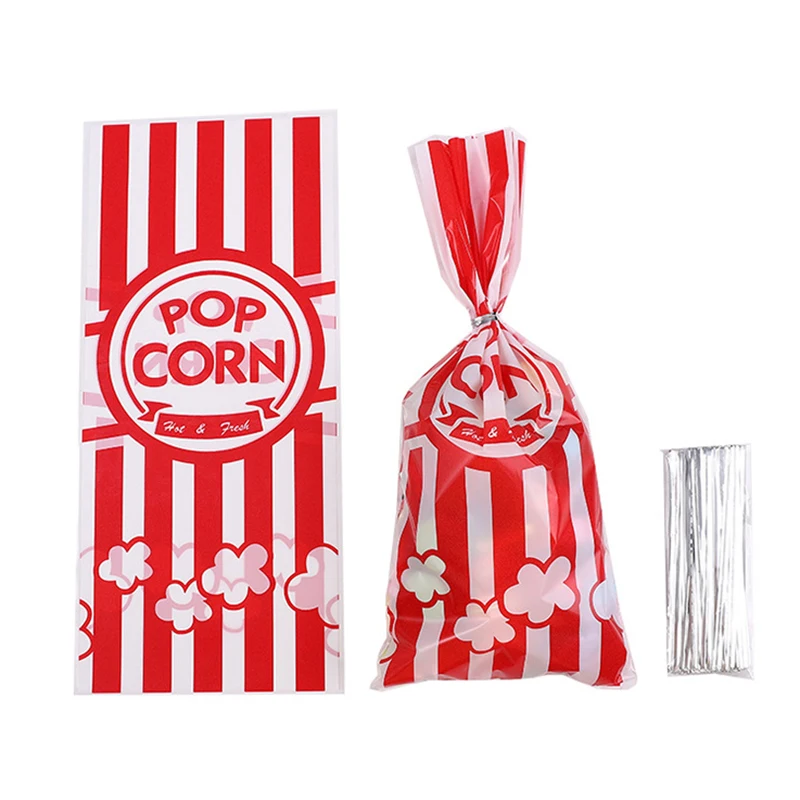 50Pcs Red And White Striped Popcorn Plastic Bag Snowflake Crispy Biscuit Bread Toast Bag Casual Candy Bag Birthday Party Decor