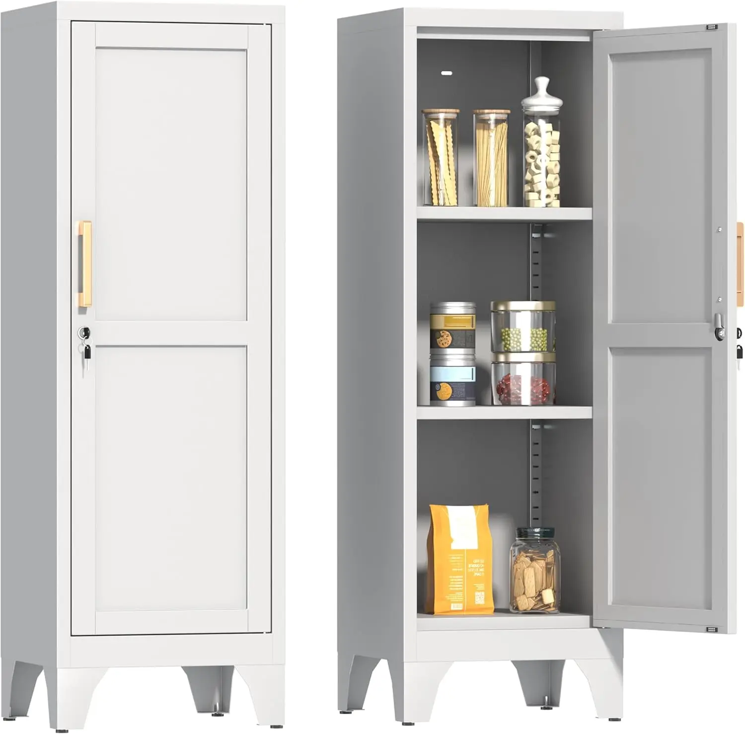 

46"H White Metal Lockable Pantry Cabinet 2 Adjustable Shelves 3 Tier Storage Kitchen Office Gym, Customized