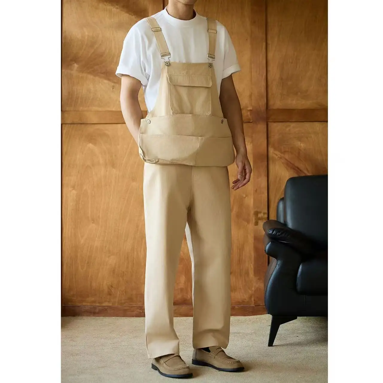 Men's 100% Cotton Overalls, Loose Fit Workwear Bib Pants with Adjustable Straps & Multi Pockets for Casual Streetwear