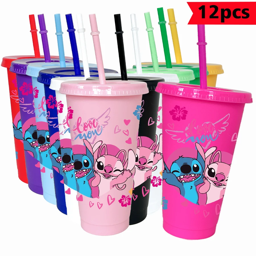 

12 шт./упак. Disney Stitch Angel 26 унций цветной пластиковый стакан для дня рождения, питьевая посуда, кружка для сока, кофе