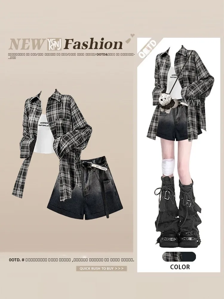 

Женский осенний жилет с надписью в клетку Long Sve irt в стиле ретро, джинсы с высокой талией и высокой талией, комплект футболок