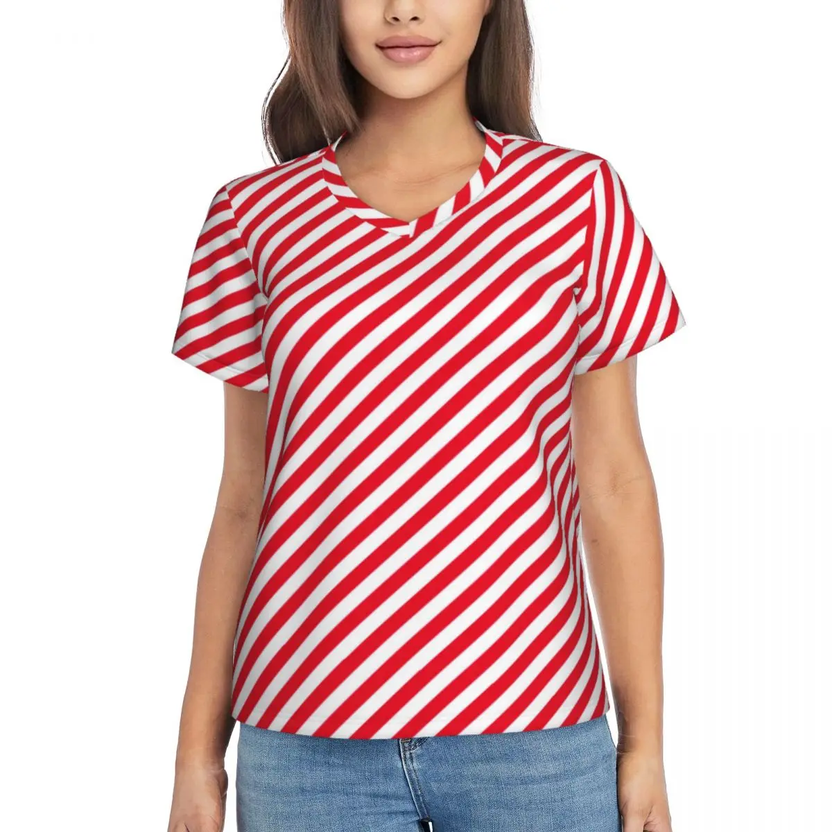 Red Striped T-Shirts Christmas elf Street Fashion V Neck T-Shirt Short Sleeve Trendy Oversized Tees Summer Clothing Gift Idea