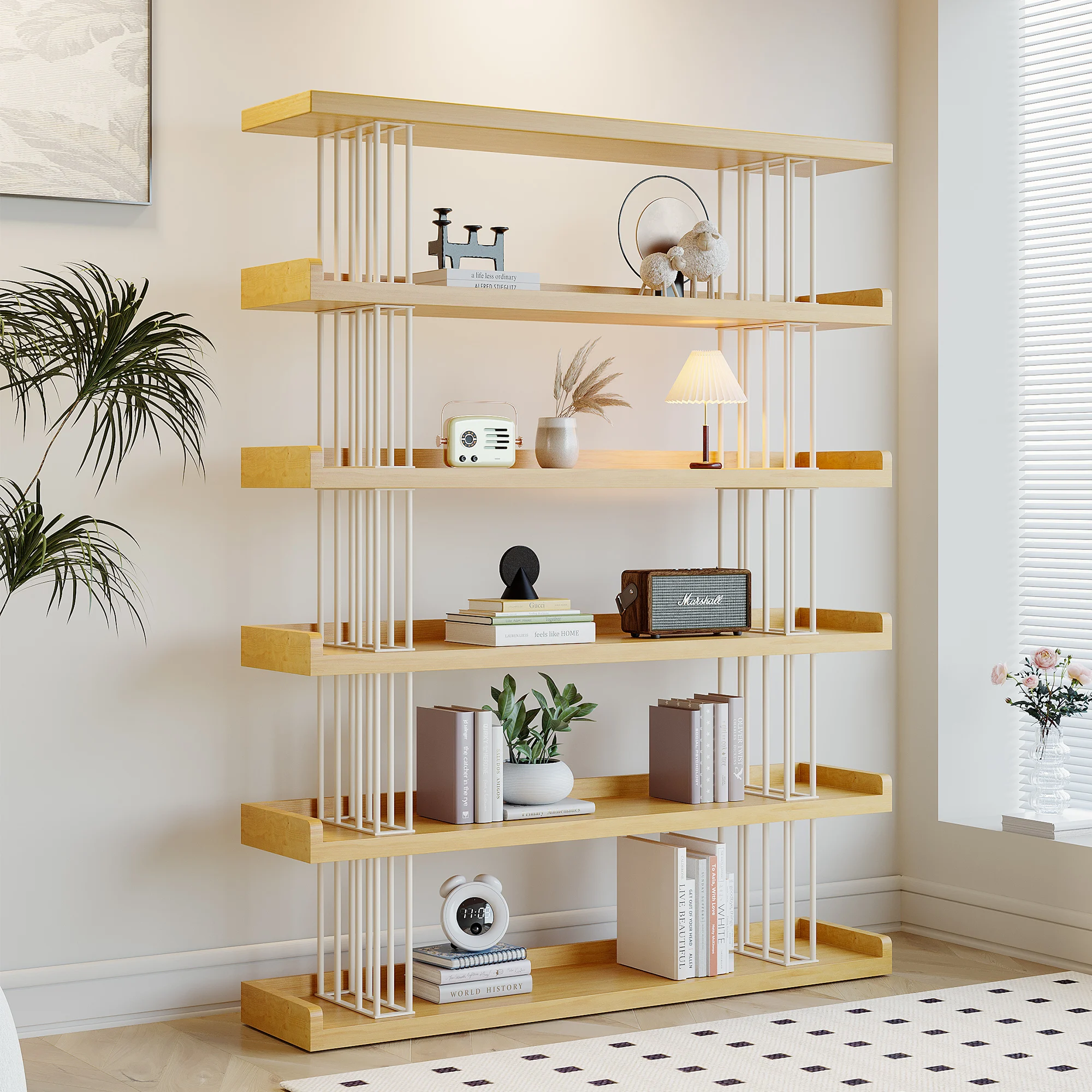 

Floor-to-ceiling solid wood bookshelf, living room cream wind storage shelf display shelf, office background partition bookcase