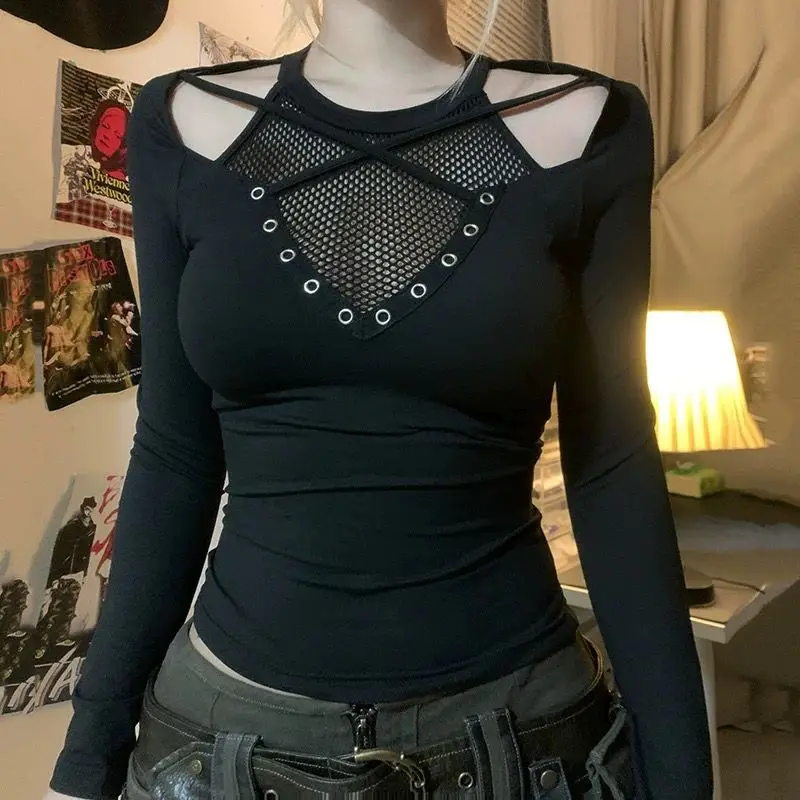 

Sexy Slim Hollow Out Long Sleeve T Shirts Spring Autumn New Solid Simplicity Patchwork Gothic Tops Fashion Trend Women Clothing