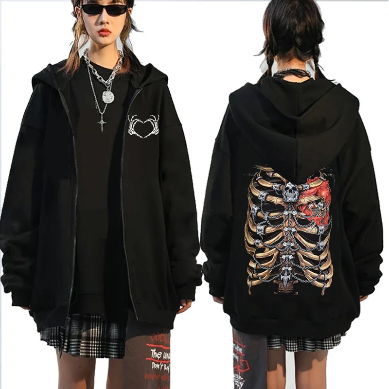 Y2K Clothes Gothic Punk Zip Up Hoodies Women Men Loose Oversized Sweatshirt Casual Hooded Female Jacket Hip Hop Streetwear