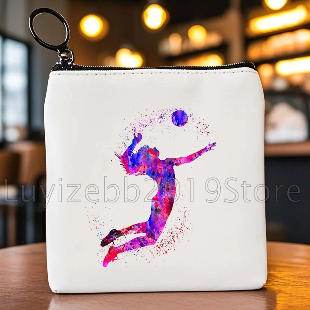 Pallavolo Ragazza Pittura ad acquerello Stampa artistica Amante dello sport Regalo Uomo Donna Borsa portamonete in tela Borsa per carte di archiviazione chiave Custodia a portafoglio