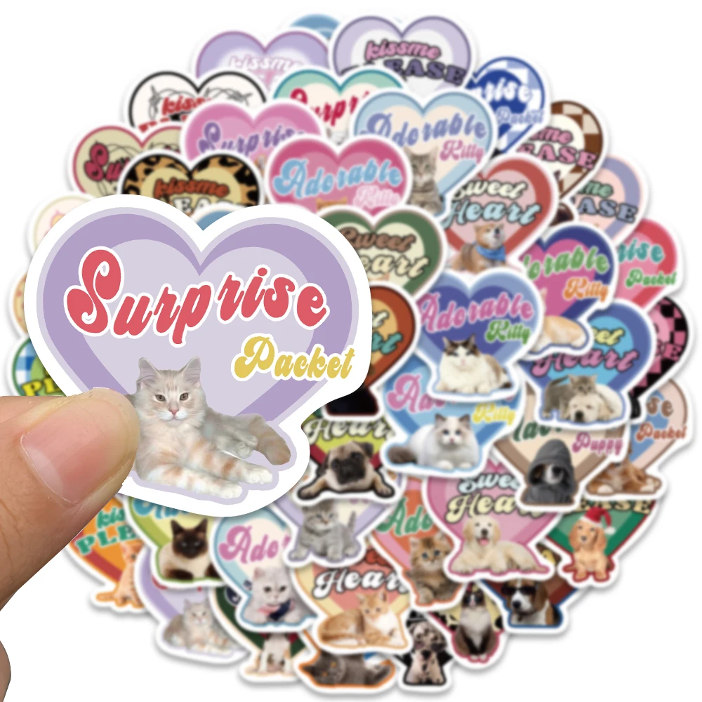 49PCS Y2K Sweet Heart Pink Cartoon Cat Dog Cute Stickers Aesthetic Kitty for Scrapbook Car Motorcycle Laptop Kids Toy Sticker