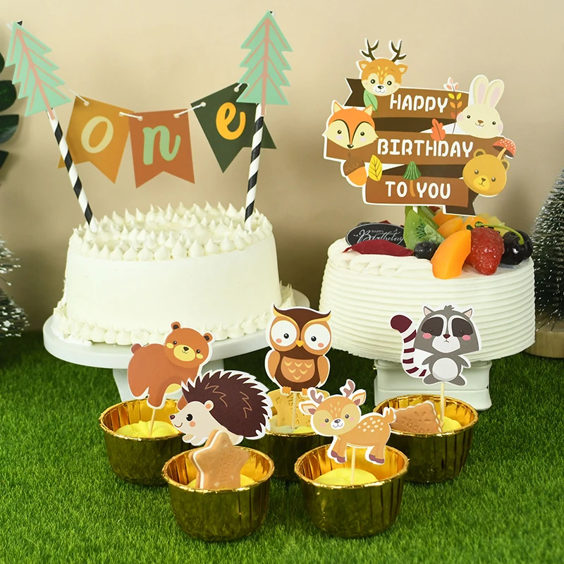 1set Forest Party Animal Cupcake Topper Cartoon Animals Theme Cake Toppers Kids Birthday Party Decoration Baby Shower Supplies