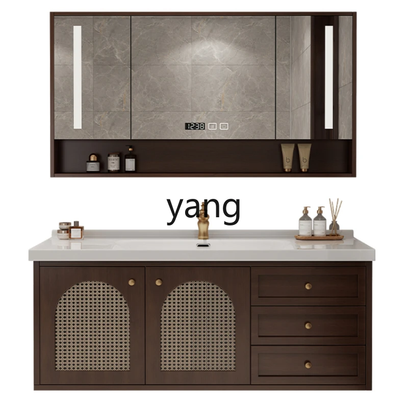 

Lmm new Chinese oak solid wood rattan bathroom cabinet combination bathroom washbasin