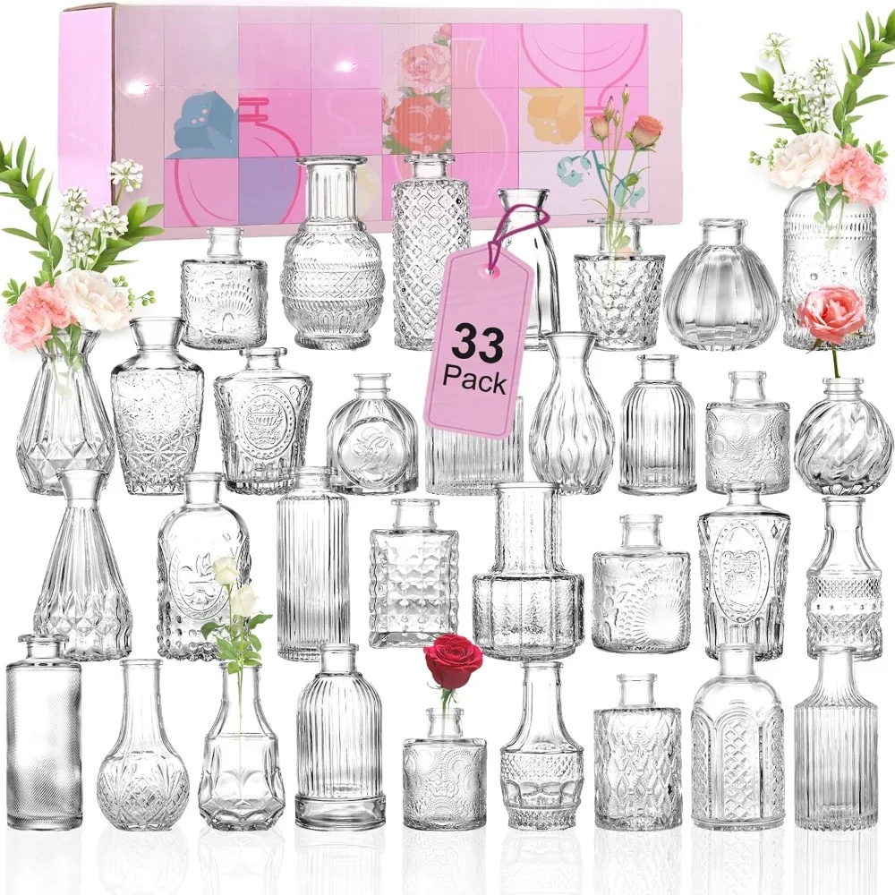 

Glass Bud Vase Set of 33 Pcs, Small Vases for Rustic Wedding Centerpieces, Mini Vases Bulk Home Table Flower Decor, Clear Vases