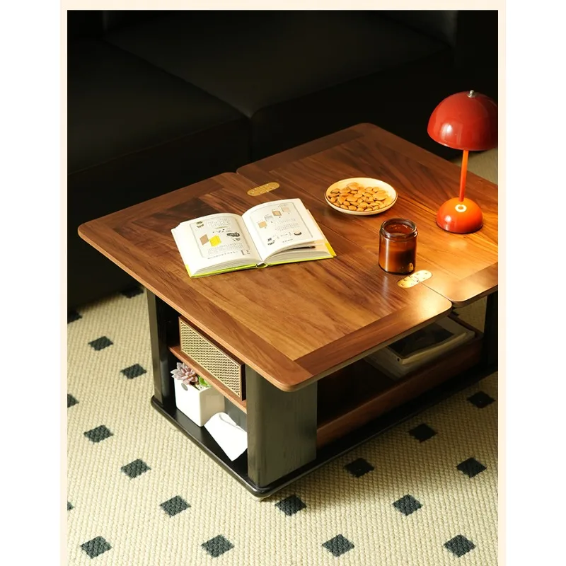 

Black silent solid wood folding coffee table sofa side cabinet mobile side few walnut trolley retro coffee table