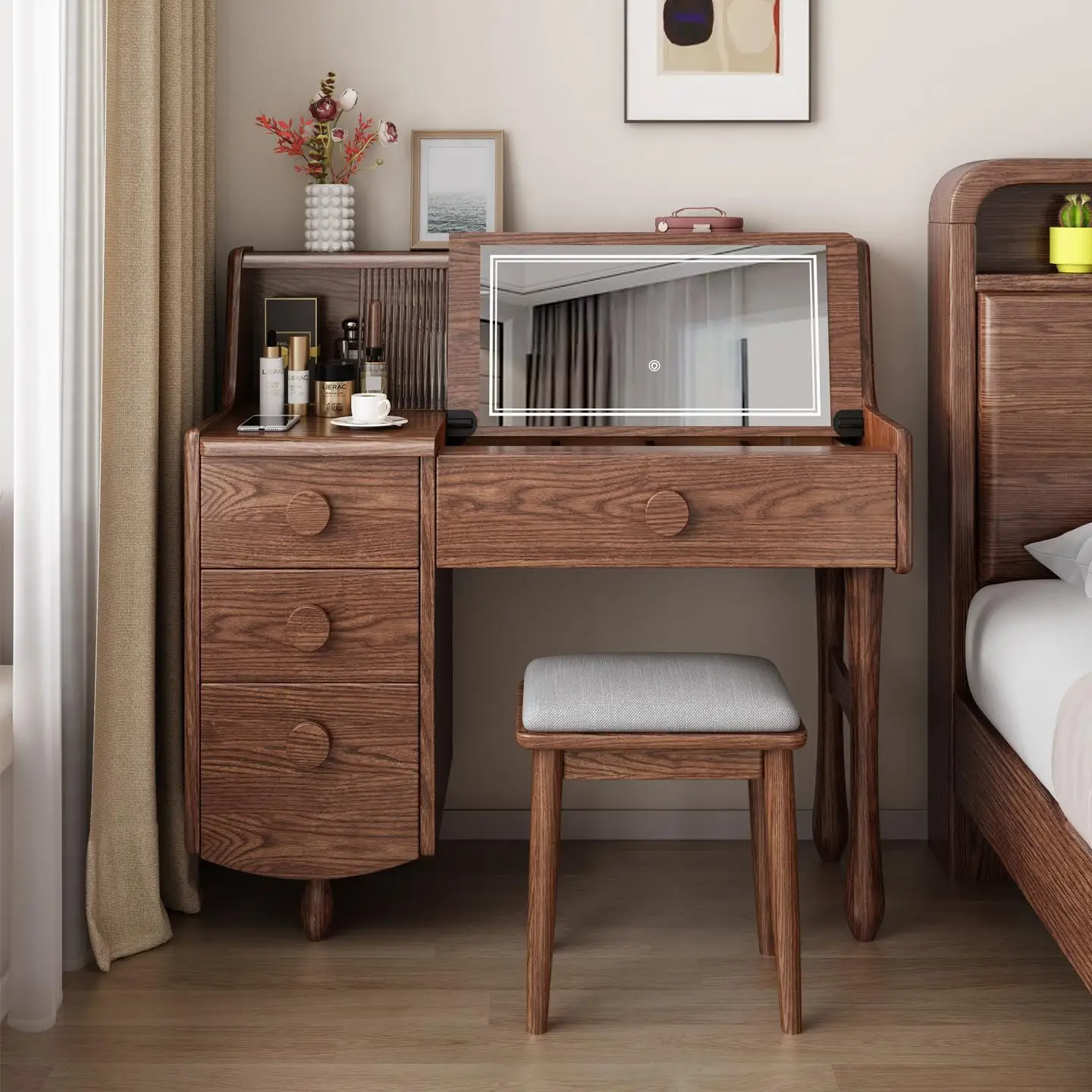 Simple flip cover all solid wood ash wood bedroom small apartment multi-functional drawer versatile makeup table small table