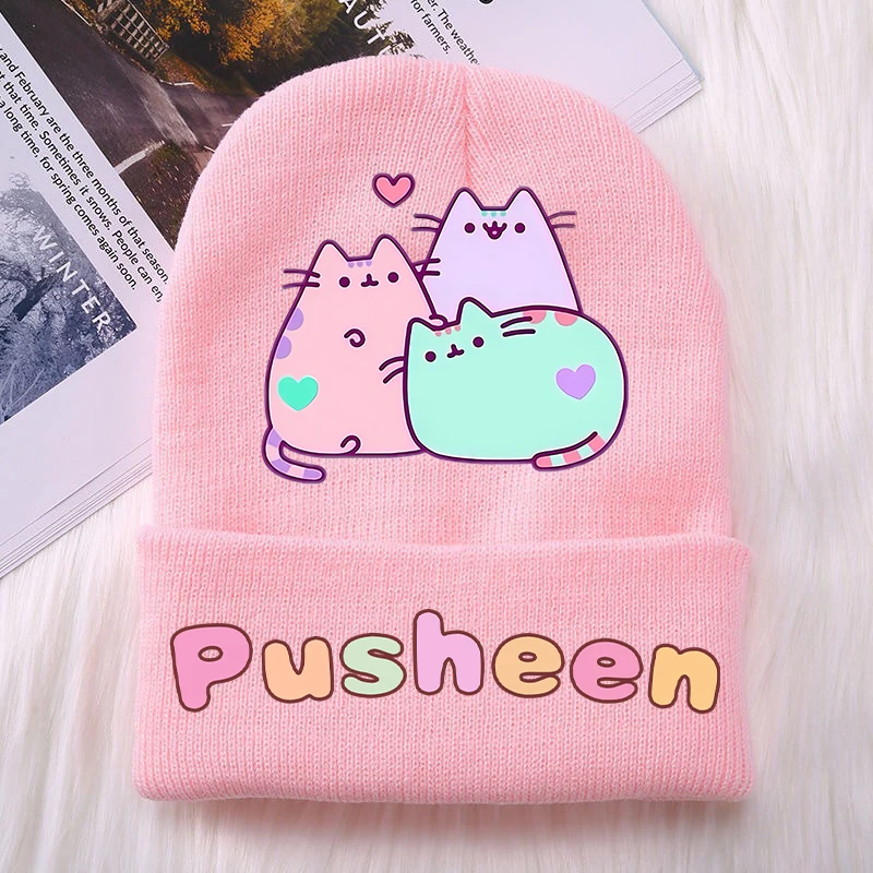 Pusheen Cat Girls czapki z dzianiny dziecięce nakrycia głowy drukowane bawełniane zimowe na zewnątrz śliczna wełniana czapka Cartoon Anime prezent