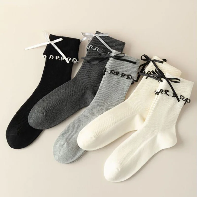 

Cute Ruffle Socks for Women 5pair /Lot Sweet Bowknot Middles Tube Black White Calcetines Female Spring Autumn Lolita Sox Cotton