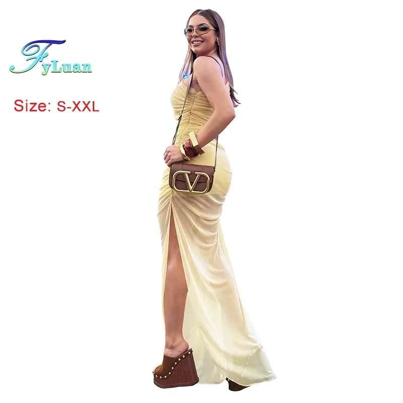 ชุดเดรสออกงานผ้าตาข่ายซีทรูแบบเซ็กซี่ ไหล่เฉียง ผ่าข้าง สีพื้น ทรงไม่สมมาตร สไตล์ยุโรปและอเมริกา