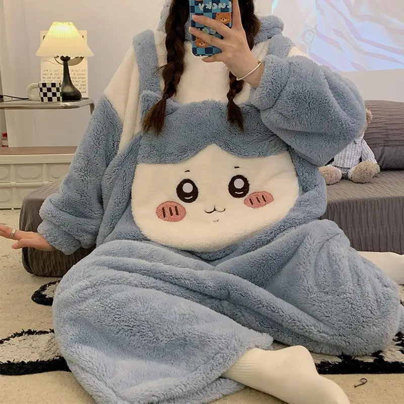 Hot Miniso Girl Thickening Winter Hooded One-Piece Garment Kawaii Chiikawa Comic Go Out Keep Warm Robe Bathrobe Leisure Wear Kit