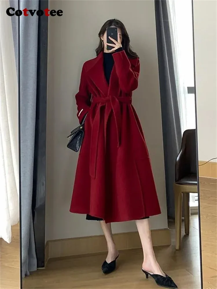 Cotvotee Red Wool Coats for Women 2023 Autumn Winter New Long Sleeve Turn Down Collar Chic Coats Loose Lace Up Thicken Jacket