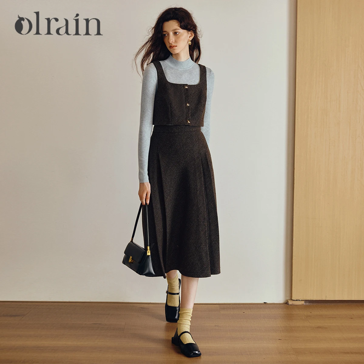 OLrain French Skirt Set Woman Autumn 2026 Plaid Square Collar Sleeveless Vest A-line Skirt Fashion Two Piece Set O57QE001626