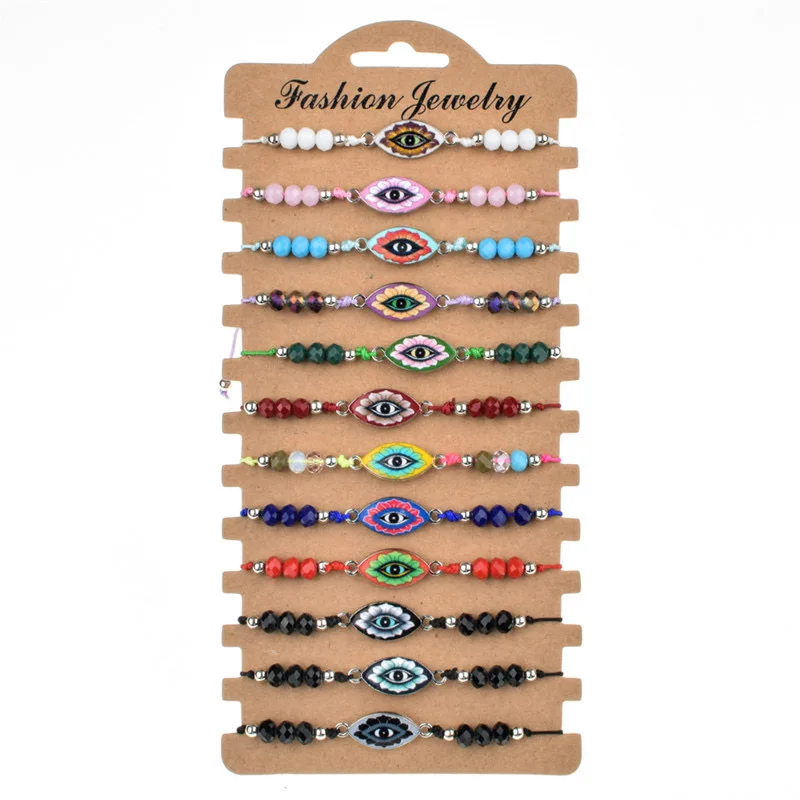 مجموعة مكونة من 12 قطعة من سبائك الزيت الأوروبية والأمريكية المطلية بالخرز الكريستالي الملون يدويًا وسوار منسوج قابل للتعديل للنساء