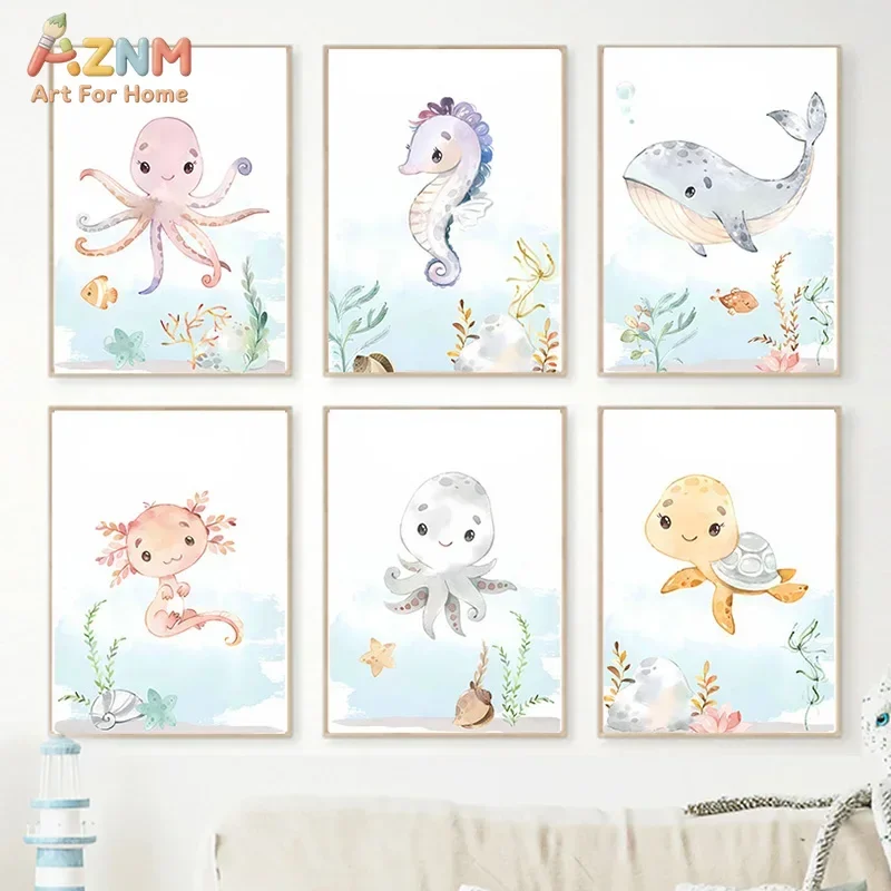 AZNM Cute Ocean Animals Canvas Wall Art Octopus Whale Turtle Seahorse Print for Kids Nursery Bedroom Decor No Frame