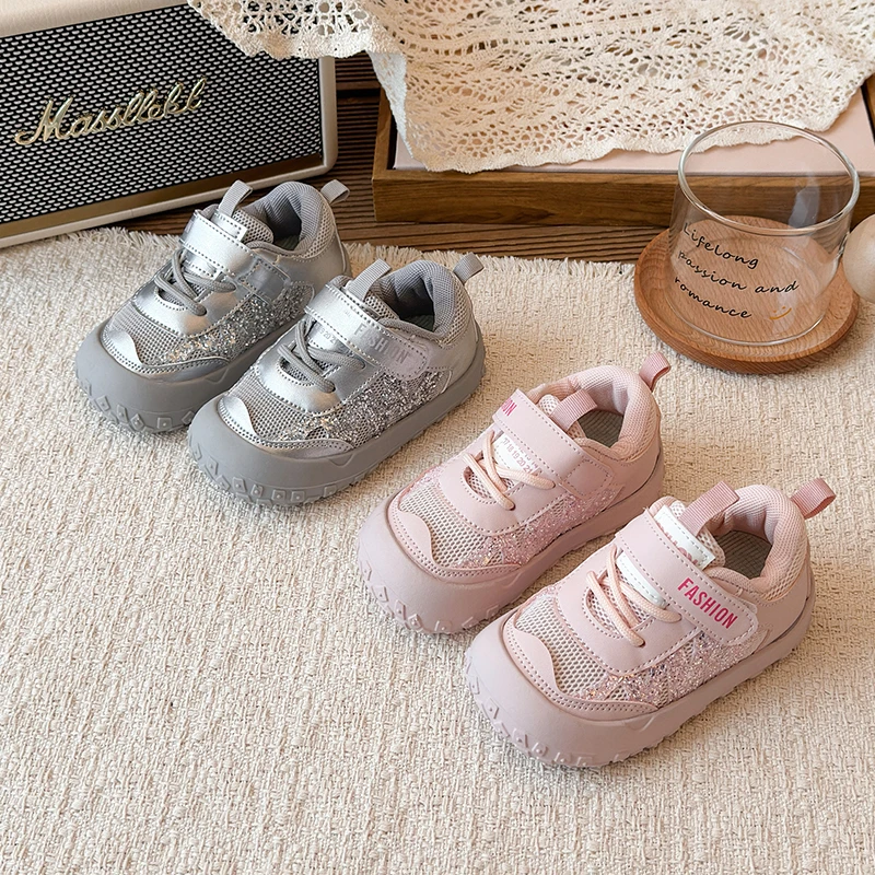 

Anti-slip Hook&Loop Girls Sneakers Wide Toe Box Solid Color PU Leather Cutout Silver Pink Kids Shoes 23-32