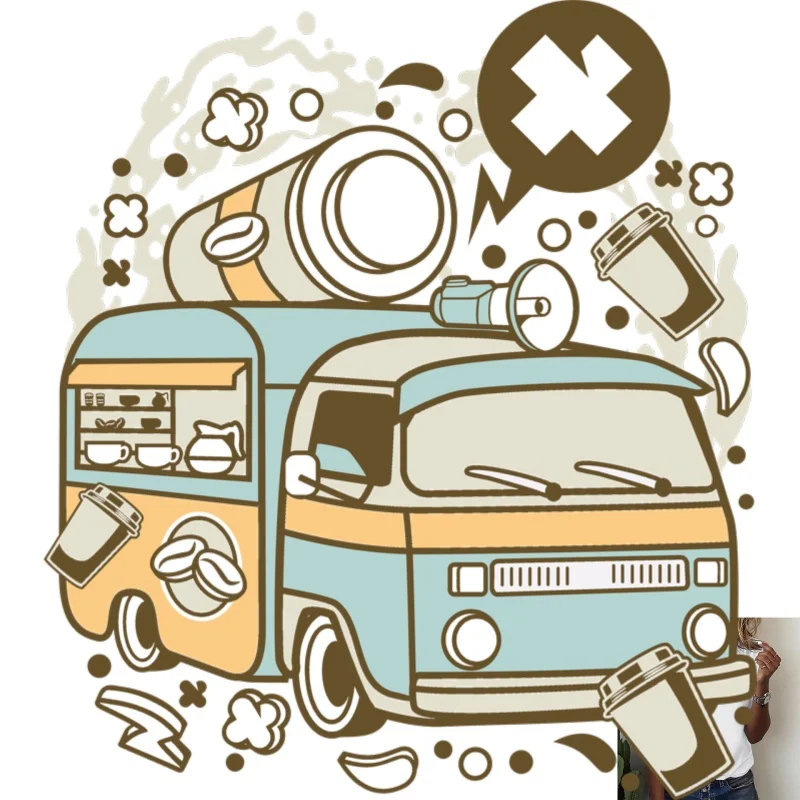 Fun Coffee Food Truck Pattern Heat - Transfer White Ink Iron - on, Trendy & Versatile, Suitable for T - Shirts, Canvas Bags,