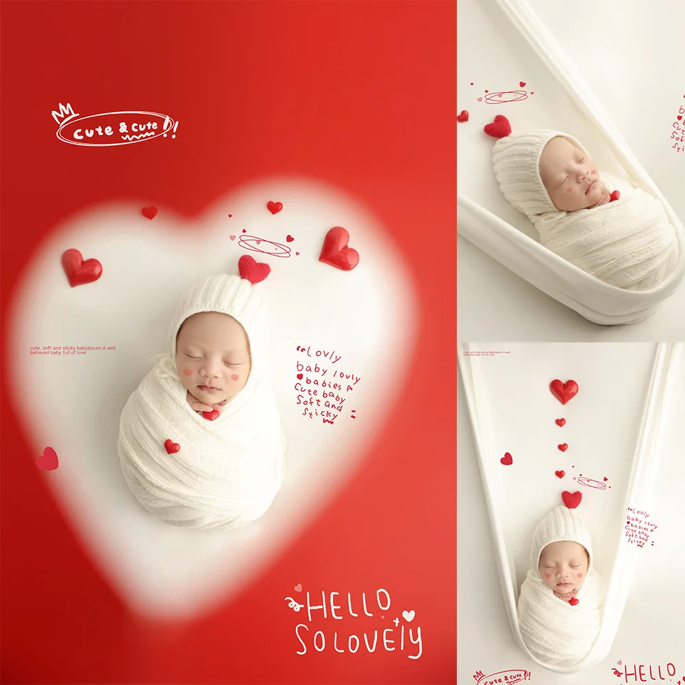 Newborn Photography Props Kit Baby Wrapping Cloth Knitted Hat Loving Heart Ornament Photo Studio Gift of Love Theme Shoot Props