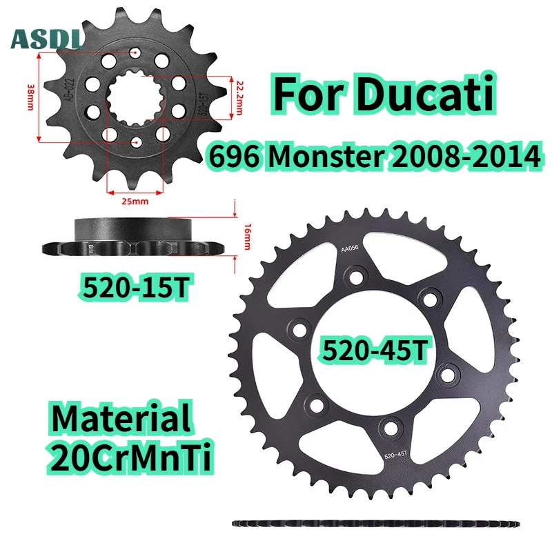

Motorcycle 520 Chain Front 15T Rear 45T Sprocket for Ducati 696 Monster 2008 2009 2010 2011-2014 Carburizing Steel Gear Wheel