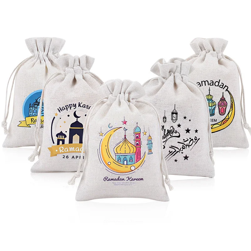 Ramadan Kareem Gift Bag Candy Cookie Burlap Drawstring Bag 2025 Islamic Muslim Party Supply Eid Mubarak Decoration Jewelry Pouch