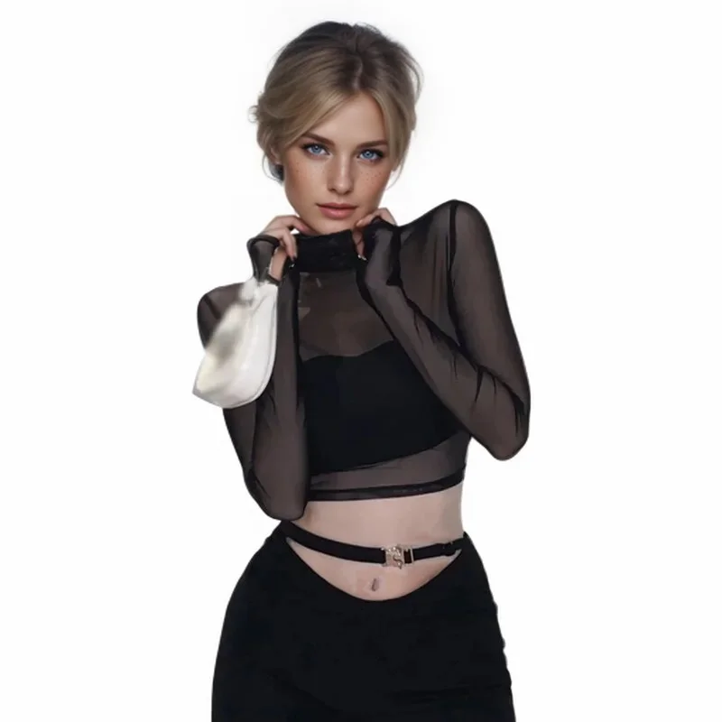 Women Sexy Backless Long Sleeves Cropped Tee Top  Mesh Women's T Shirt