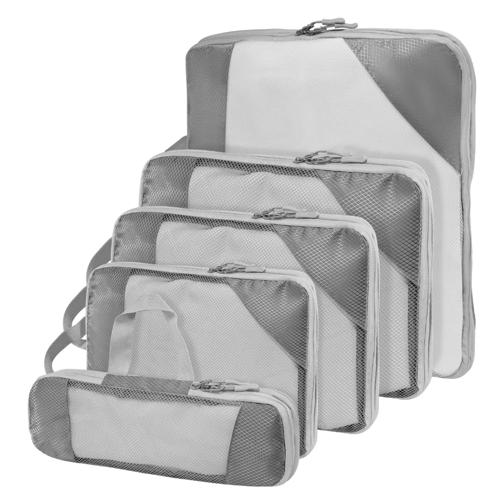 Set of 5 Compressible Packing Travel Storage Bags Cubes Waterproof Suitcase Nylon Portable with Handbag Luggage Organizer