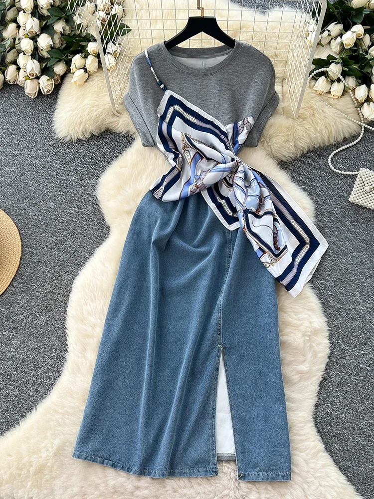 슬림하고 우아한 통기성 좋은 중간 길이 여성복 프랑스 소수민족 패치워크 레이스업 로브 데님 독특하고 개성 있는 캐주얼 드레스