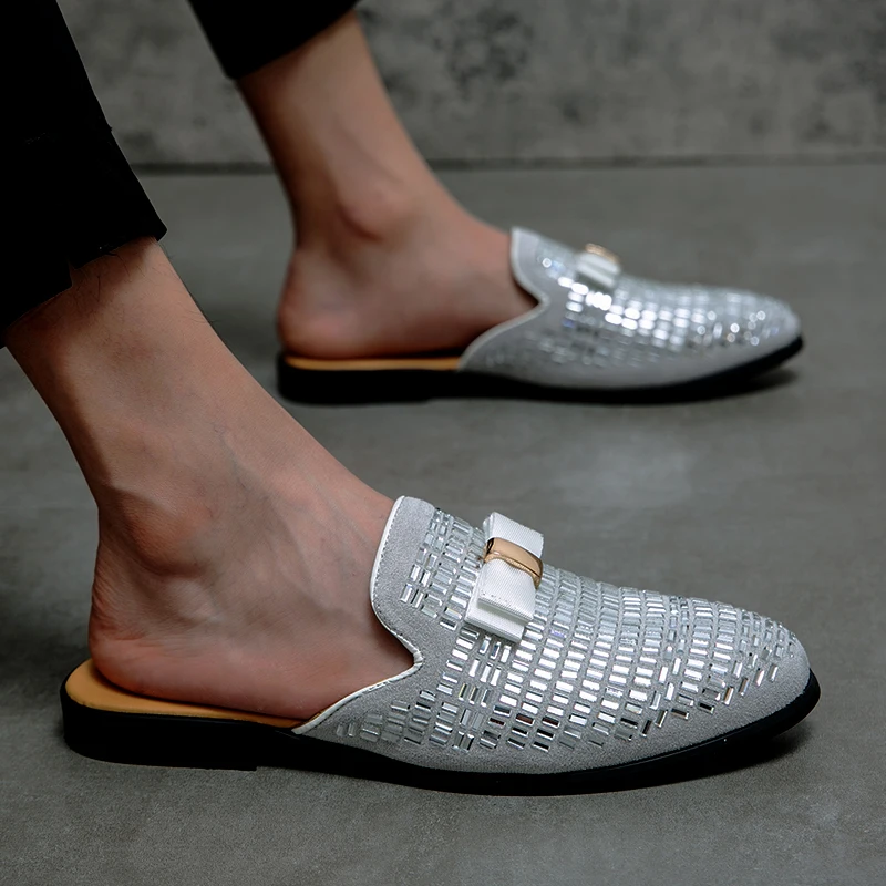 2022 Summer British Style Men Mules Shoes Big Size 38-48 Daily Outdoor Slippers Fashion Silver Sequins Casual Banquet Dress