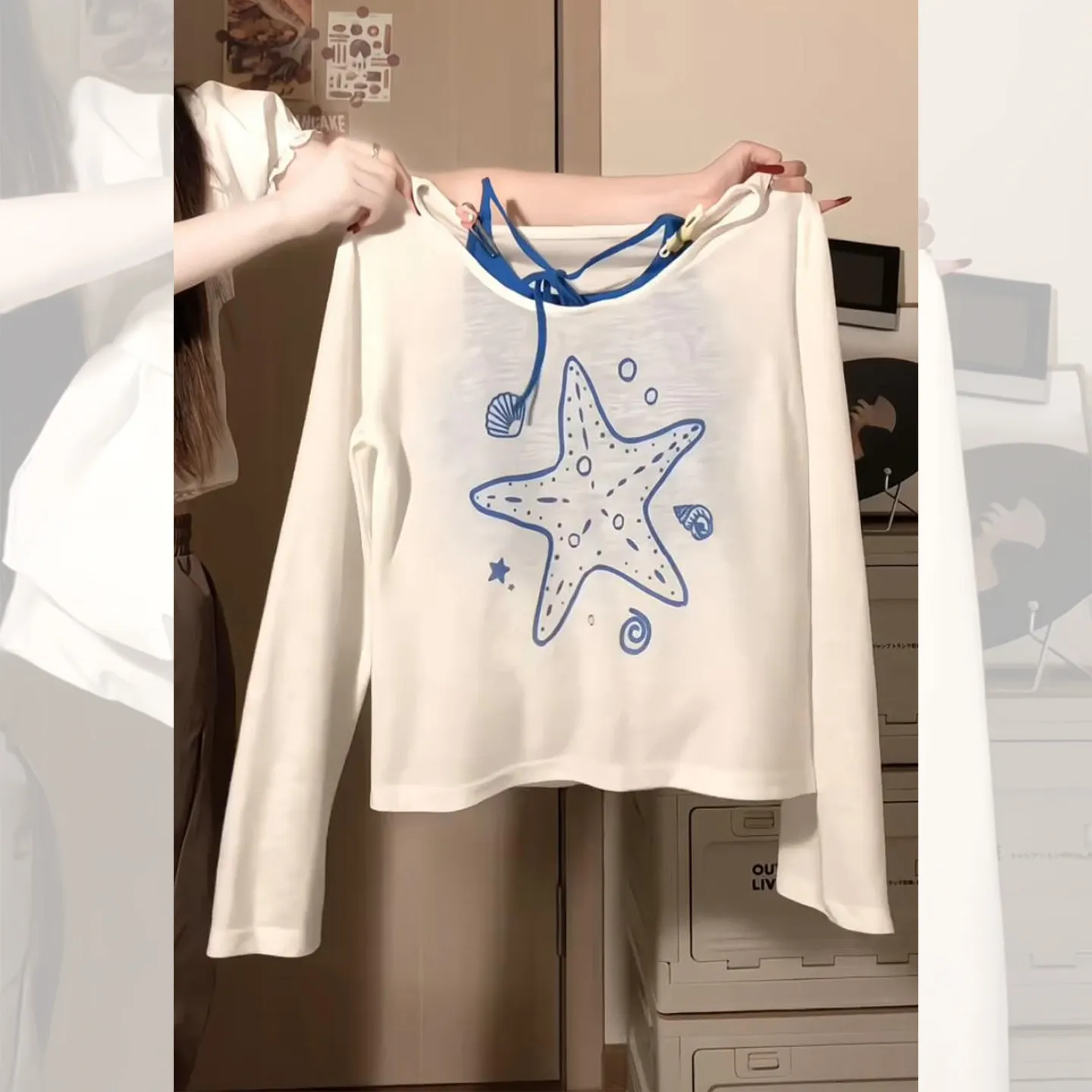 Ladies White Long Sleeve T-Shirt Set Casual Style Inner Wear under Shirt Print Design Loose Fit Cotton Polyester Blend Spring...