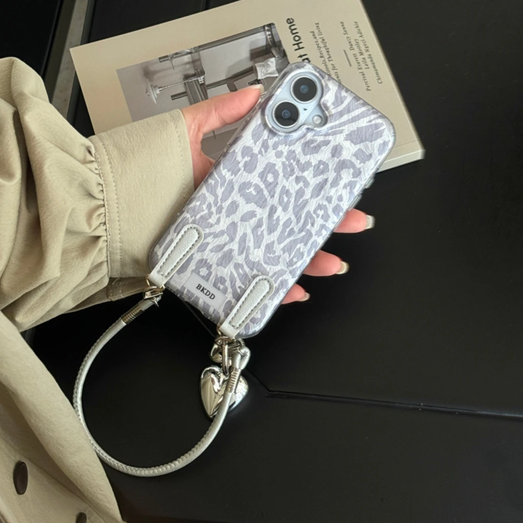Custodia per telefono antiurto con cordino d'amore con stampa leopardata grigio argento placcato di lusso alla moda per iPhone 16 15 14 Pro Max