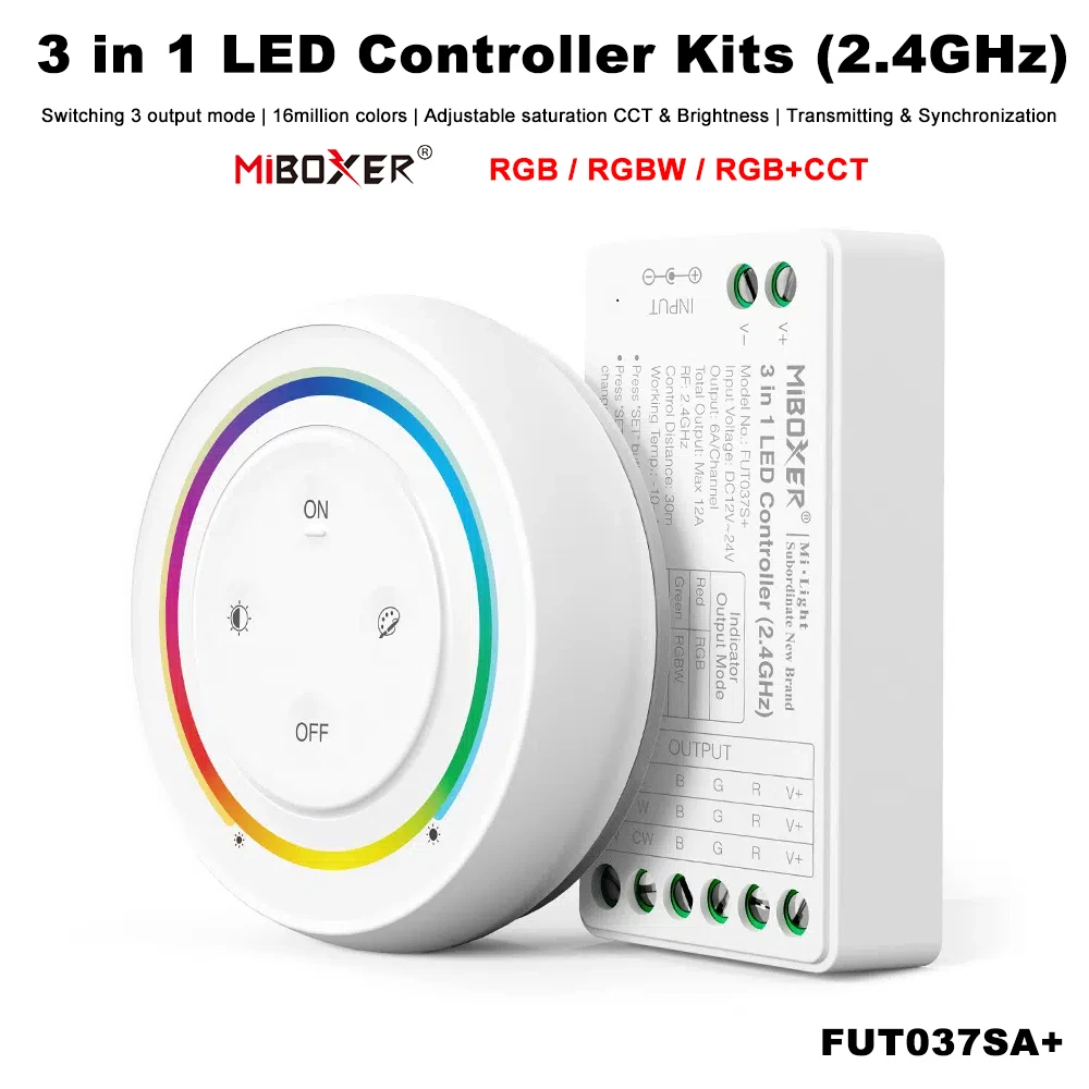 Miboxer FUT037SA + DC12-24V 2,4 GHz 3w1 Rainbow regulowana jasność pilot zdalnego sterowania do taśmy LED RGB/RGBW/RGBCCT