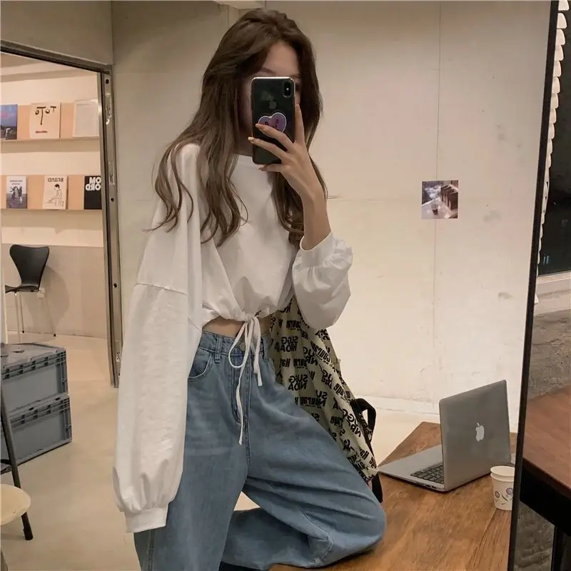 Jersey holgado de cintura alta para mujer, Jersey corto blanco de manga larga, Top corto de estilo coreano para otoño