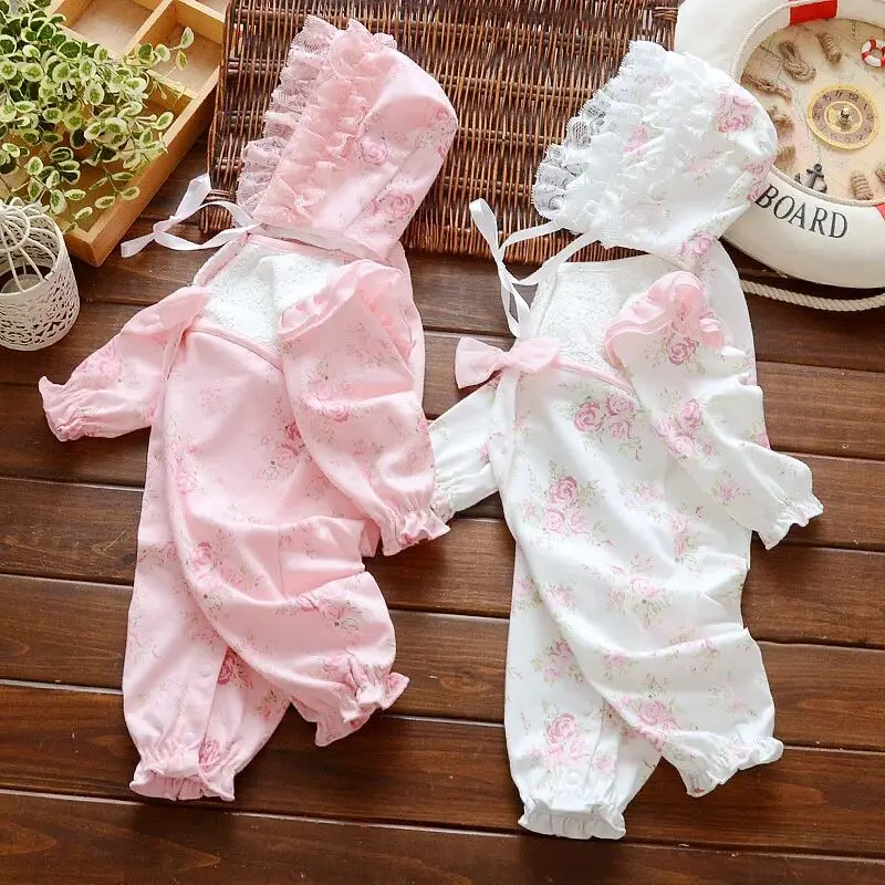 newborn baby girl clothes 0 3 months set spring cotton lace floral baby girl romper long sleeve baby girl jumpsuit clothing+hat