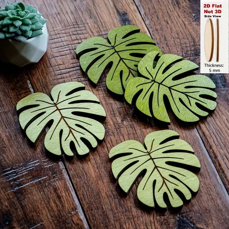 2D Flat 4/6pcs Monstera Leaf Wooden Coasters Natural Forest Style Heat Resistant Mats, Non-Slip Drink Cup Pads, Christmas Gift