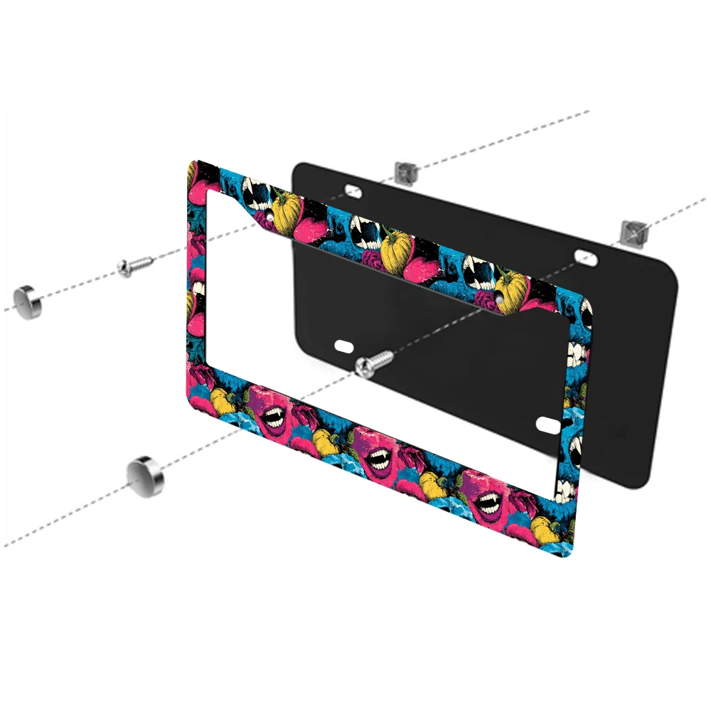 1 قطعة الجمجمة الملونة والورد نمط 2 حفرة إطار لوحة الترخيص ، مادة الألومنيوم ، 6x12 بوصة ، مع طقم مسامير ريترو الجدة C
