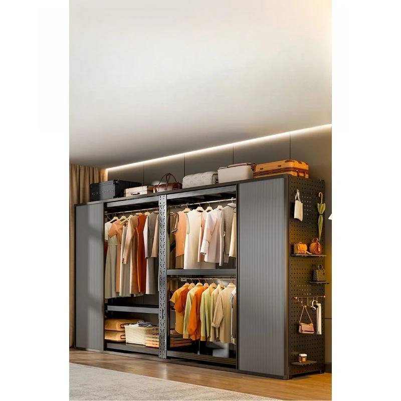 

2026 new sliding door shelf wardrobe household bedroom rental house simple assembly metal frame steel wardrobe