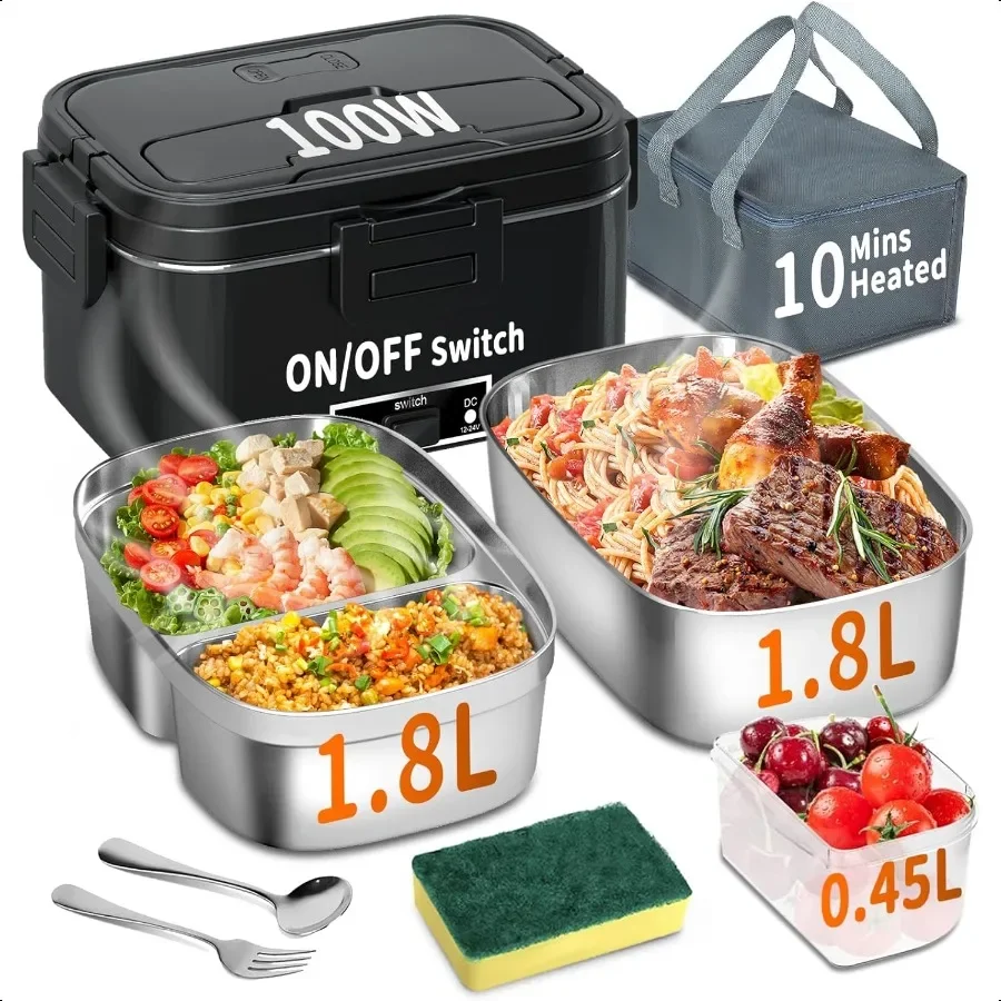 

Electric Heated Lunch Box for Adults 100W 1.8L Heating Lunch Boxes for Men Portable with 2 Pack 1.8L Containers ON OFF Switch F