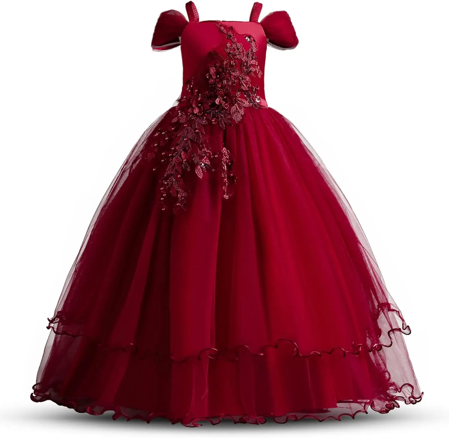 플라워 걸 드레스, 레이스 아플리케 쉬폰 볼 드레스, 고급스러운 공주 생일 파티 긴 이브닝 드레스, 여아 성찬식 드레스