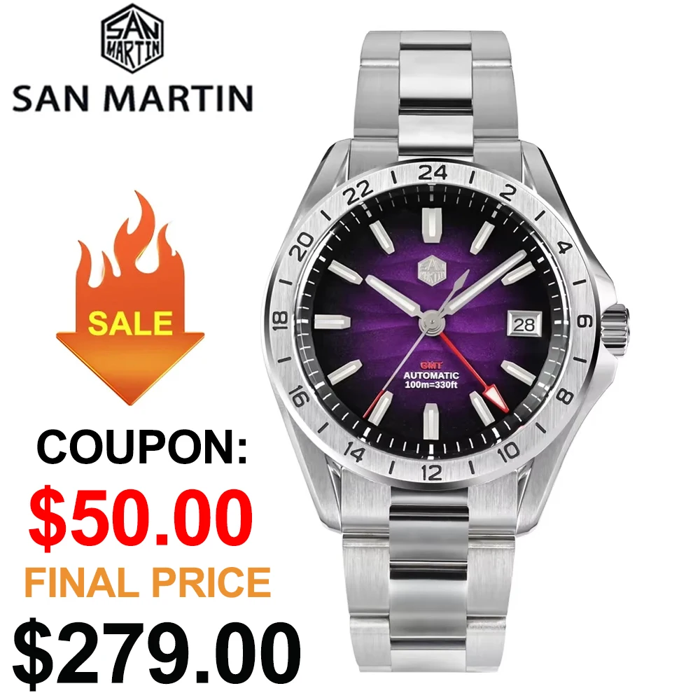 San Martin SN0129 39mm Men Dive Watch NH34 GMT Automatic Mechanical Waterproof 100m Sapphire Purple Desert Texture Dial Watches