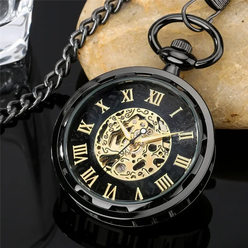 Antique Style Clock Open Face Men's Hand Winding Mechanical Pocket Watch Roman Number Skeleton Display Fob Pendant Chain Reloj