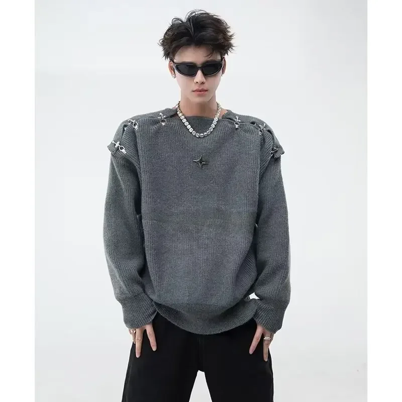 2024 High Street Vintage Fashion Metal Buckle Sweater Hollow Design Sensible Knit Long Sleeve High-End Feel Jacket Couple