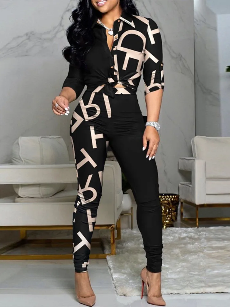 Casual Long Sleeve Shirt Pants Set Office Lady Spring Autumn Elegant Print Lace Up Tops Trousers Two Piece Set Women Outfit 2023