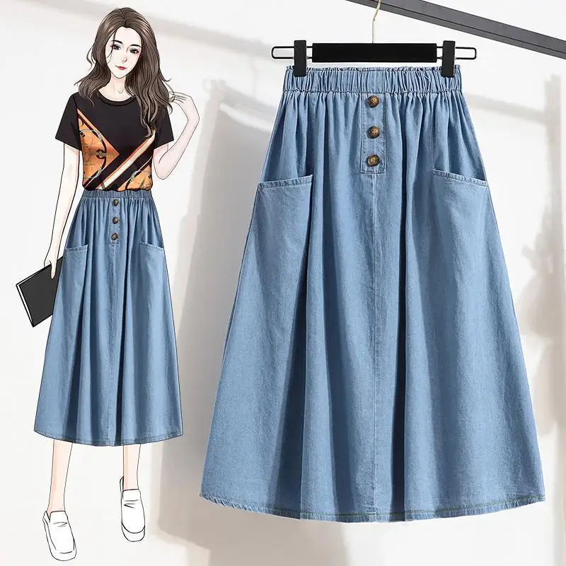 

Basic Casual A-Line Denim Skirts Female Clothing Loose Commute High Waist Elastic Summer New Stylish Pockets Spliced Midi Skirts