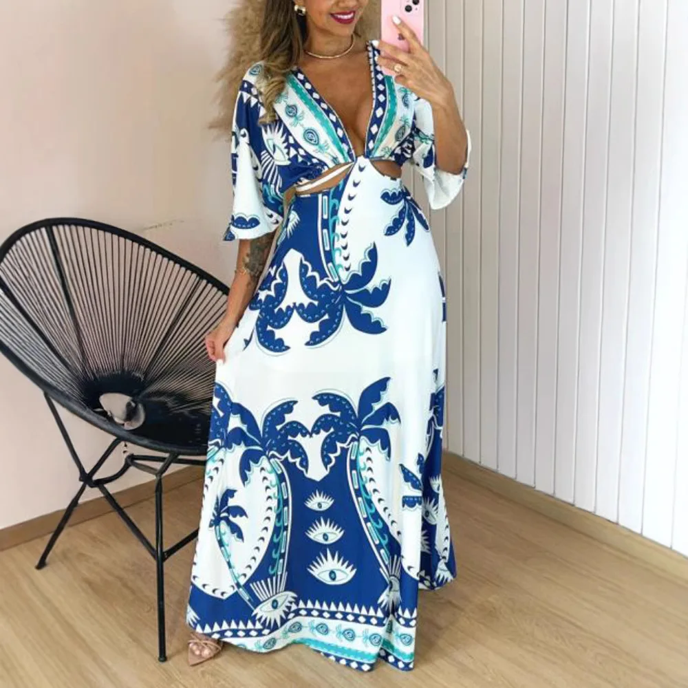 المرأة الاستوائية طباعة يغرق الخامس الرقبة الخصر انقطاع بوهو فستان ماكسي ثلاثة أرباع تعادل التفاصيل مرونة الخصر الظهر عطلة فستان
