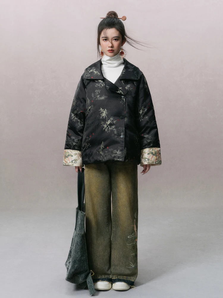 

Original New Chinese Sle Women's Winter Jaet Su Luo Embroidered down Coat Vintage Commute Sle Regular Length